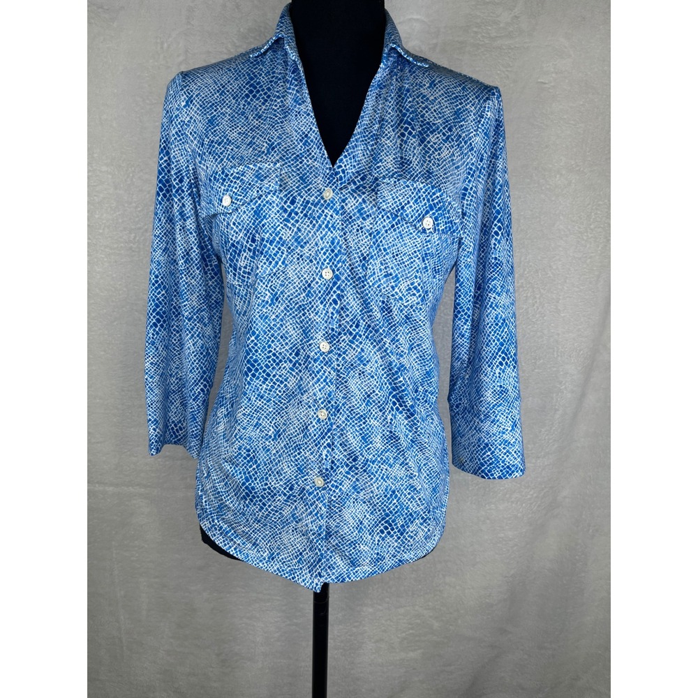 J McLaughlin Blue White Abstract Print Button Down Shirt Top Women's Size Small - Picture 2 of 8